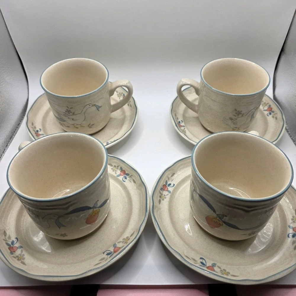 Marmalade Goose International China Tea Cup Saucer Set 8 Piece Cream Blue Rim